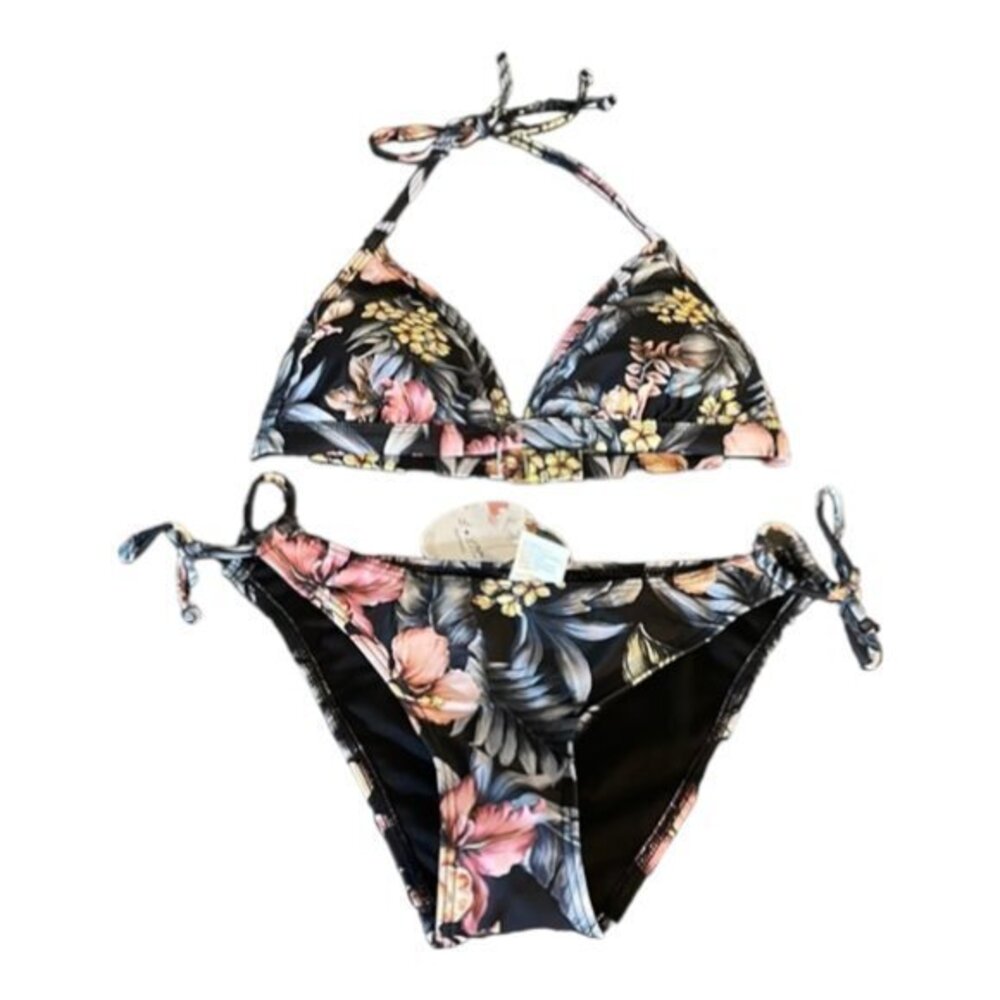 Women's Halter Two Piece Floral Black Tie Bikini Swimsuit Size Large NWT #7933